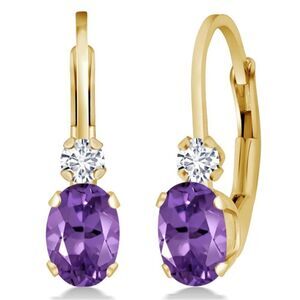 14K Yellow Gold with 0.77 Cttw Amethyst and Diamond Leverback Drop Earrings